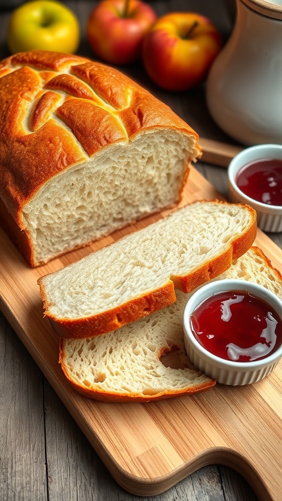 Sliced homemade bread with a bowl of fruit jam on a wooden board in a rustic kitchen.